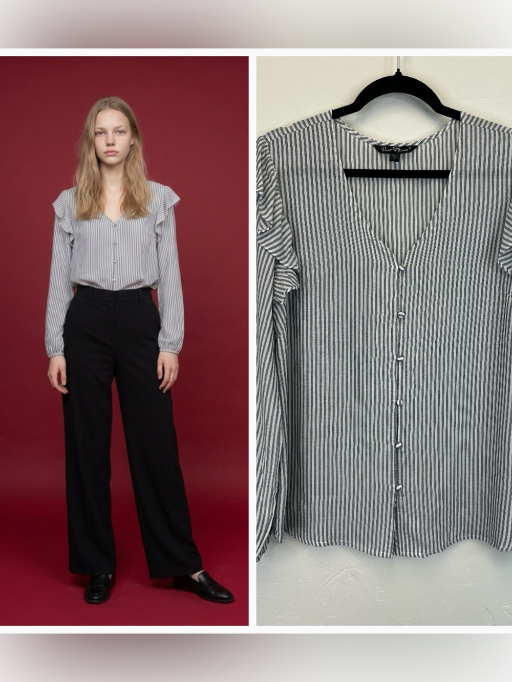 Preppy Ruffle Stripe Button Up Blouse Nautical Lightweight Vneck size S Gray